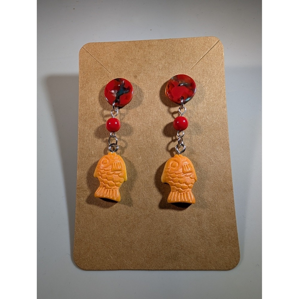 Handmade Taiyaki Fish Drop Earrings Orange Japanese Snack Food Jewelry Red Studs